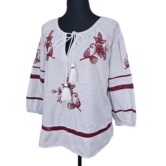 Velvet By Graham & Spencer Boho Cotton Embroidered Beaded Striped Peasant Top M - Picture 3 of 16
